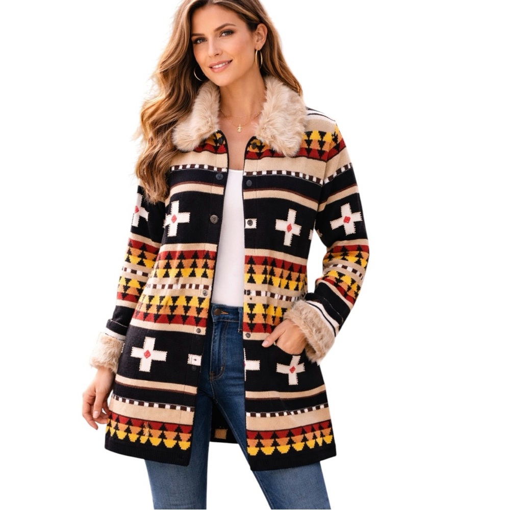 Storybook Knits Cardingan 1X Sweater Southwestern Faux Fur Indian Blanket Aztec